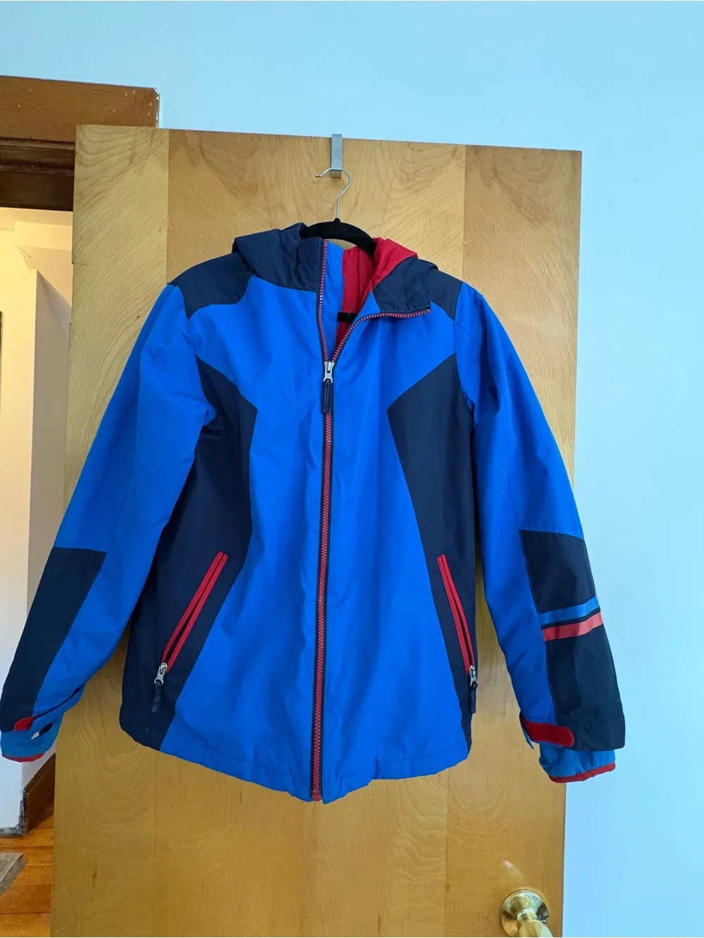 Lands End Kids Blue & Navy Colorblock Hooded Jacket with Red Accents
